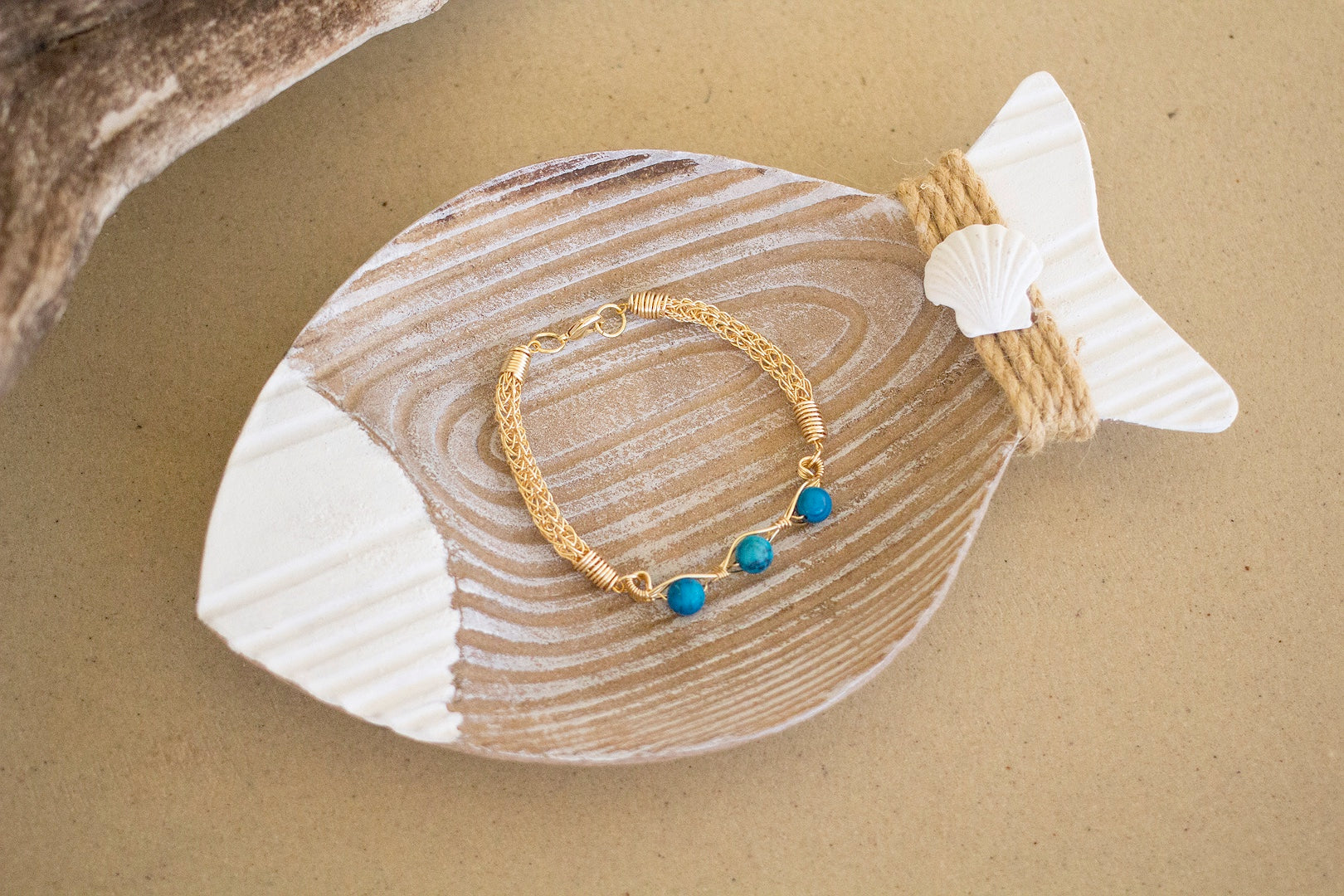 Gold Wire Knitted Bracelet With Blue Jasper Stone