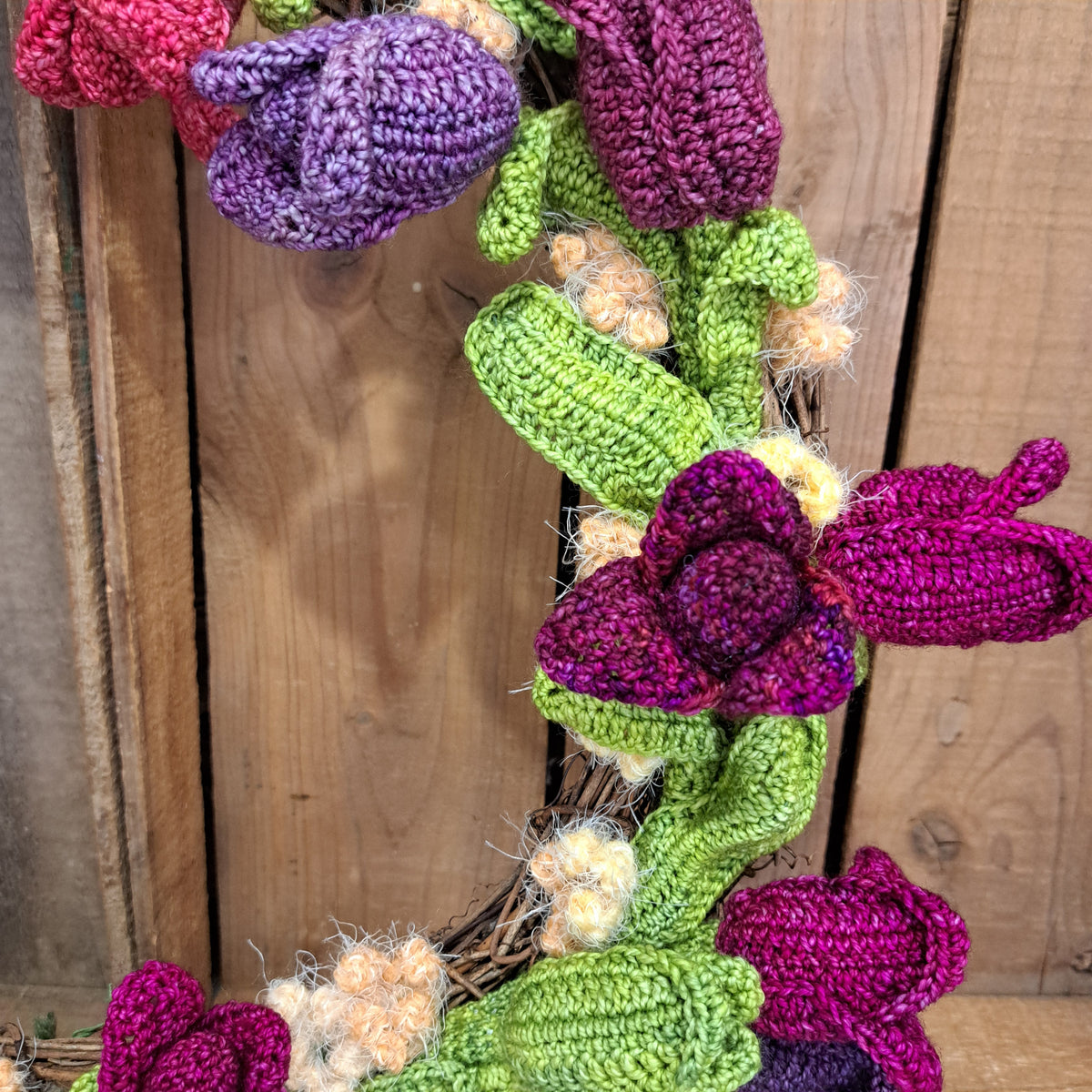 Handmade crochet tulip wreath pinks purples