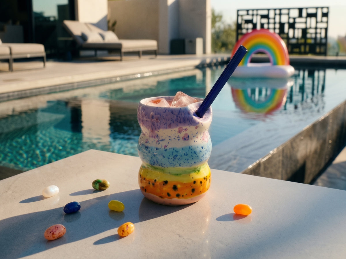 Handcrafted Porcelain Tumbler with Silicon Straw, 600mL Bubble Cup in Rainbow Glaze
