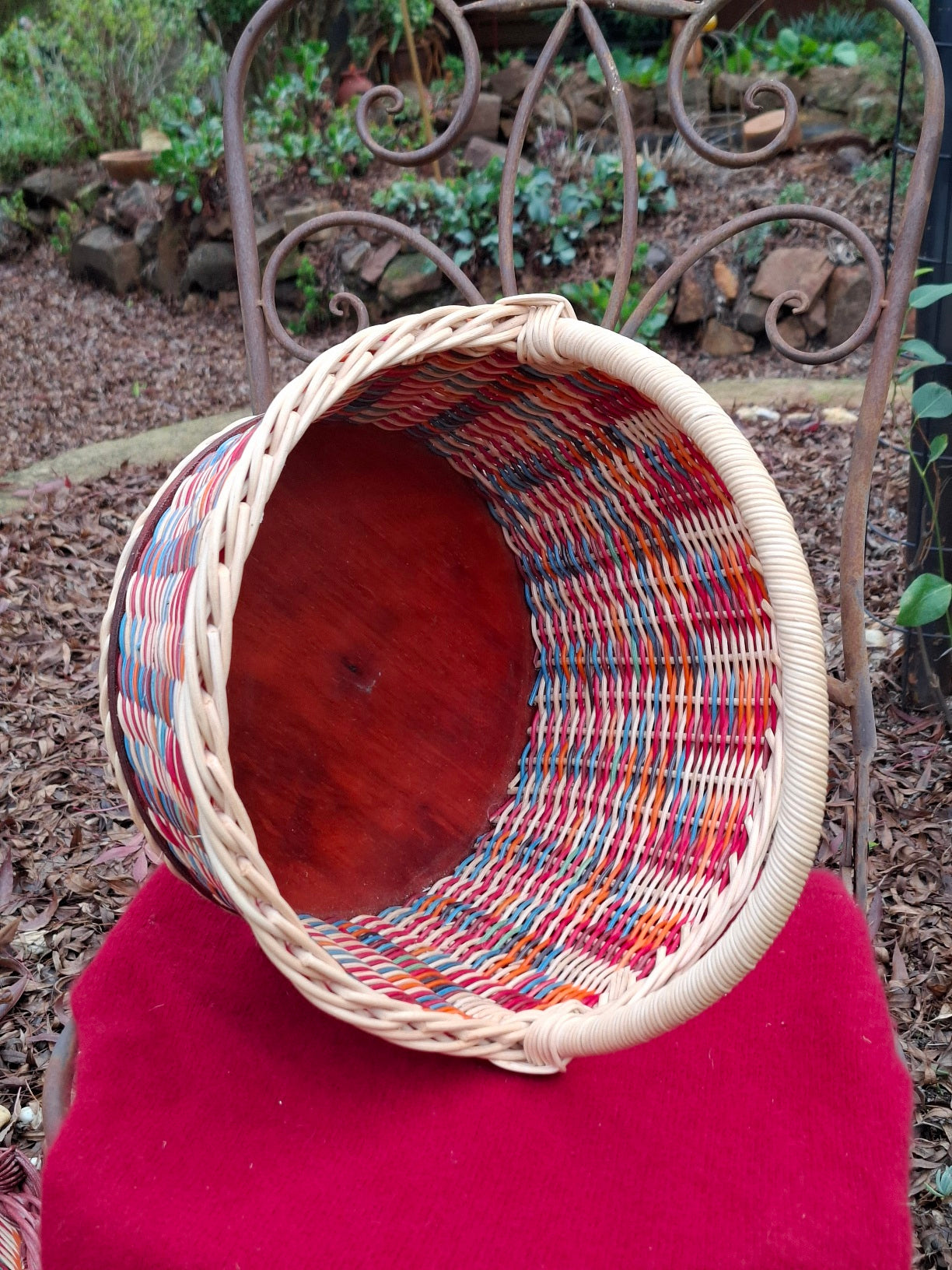 Large Round Market Basket brown, blue, orange, red and natural.