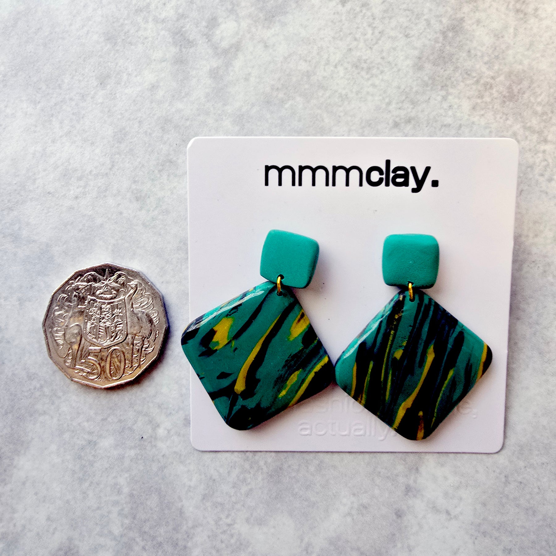 Teal Mustard Black Geometric Polymer Clay Dangle Earrings