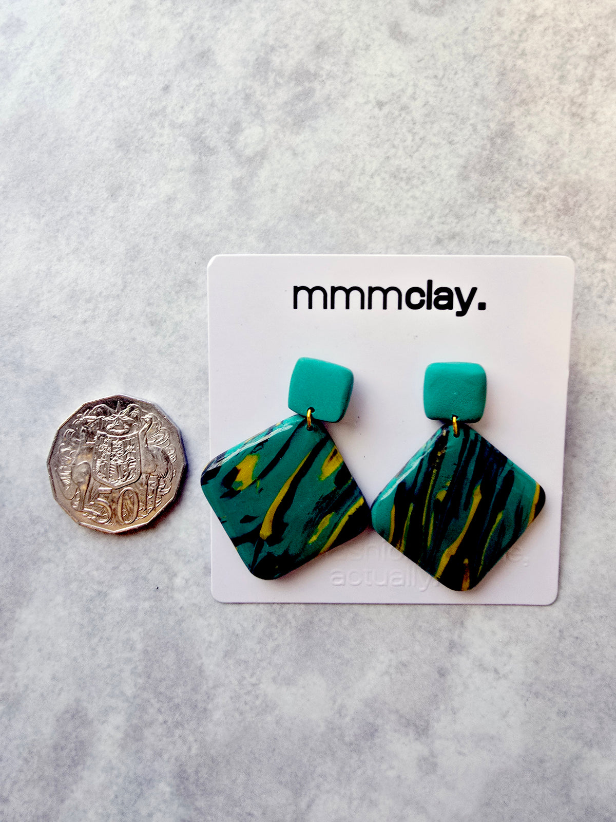 Teal Mustard Black Geometric Polymer Clay Dangle Earrings