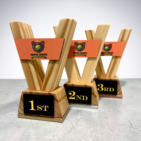 Custom Trophy Set of 3 – Personalised Wooden Awards with Logo for School Corporate Sports