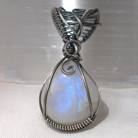 Moon Shadow – Rainbow Moonstone Pendant in Antiqued Silver