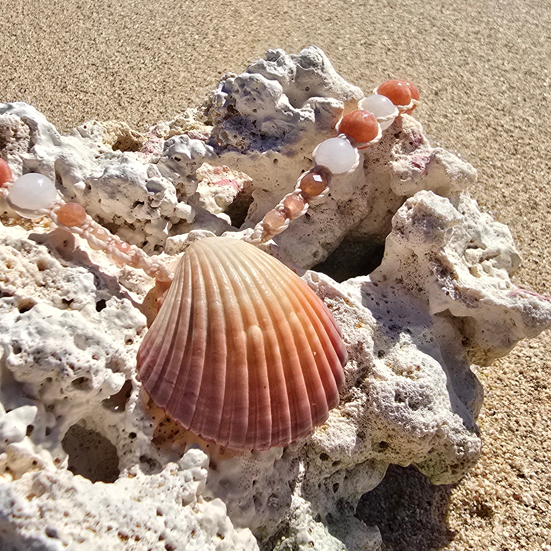 Scallop Shell Necklace with Peach Calcite, Rose Quartz, Sunstone