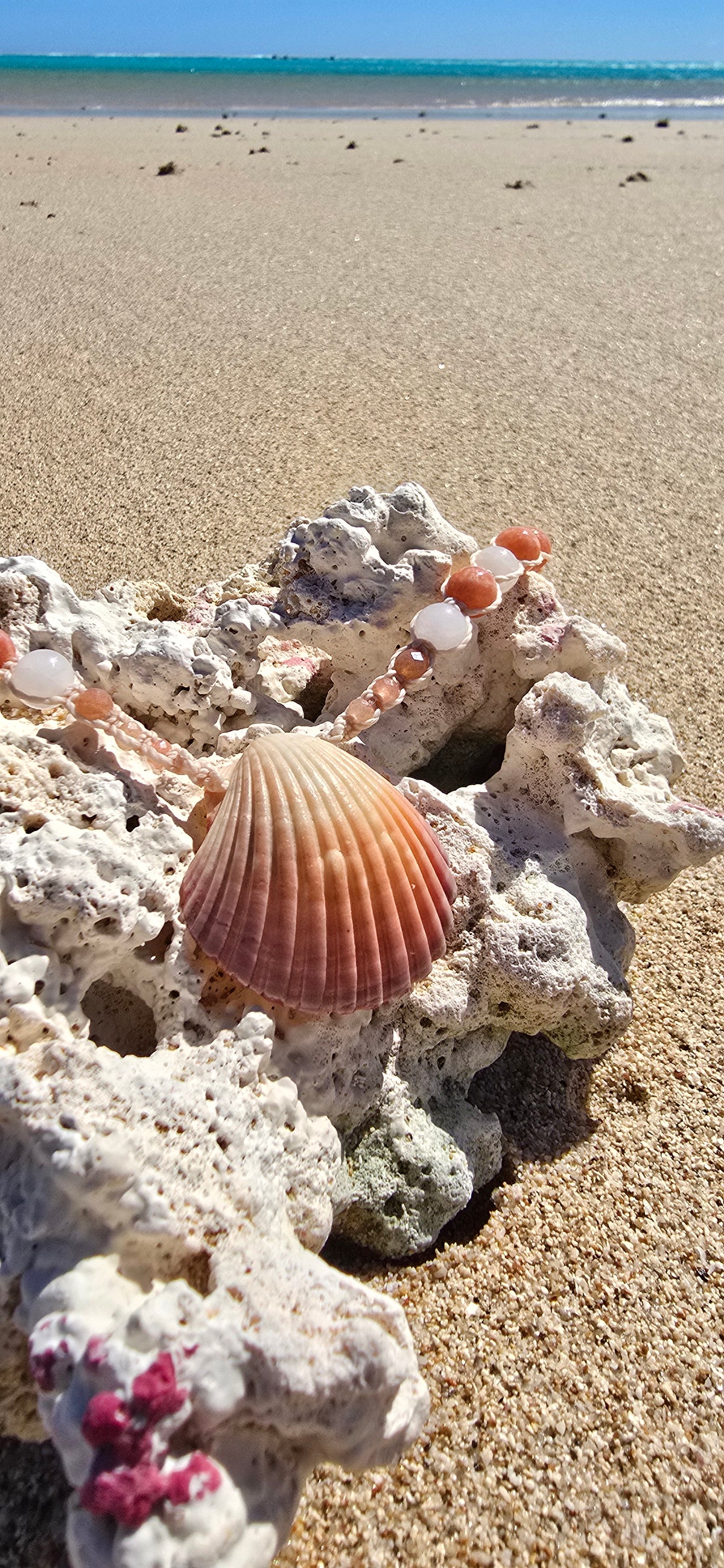 Scallop Shell Necklace with Peach Calcite, Rose Quartz, Sunstone