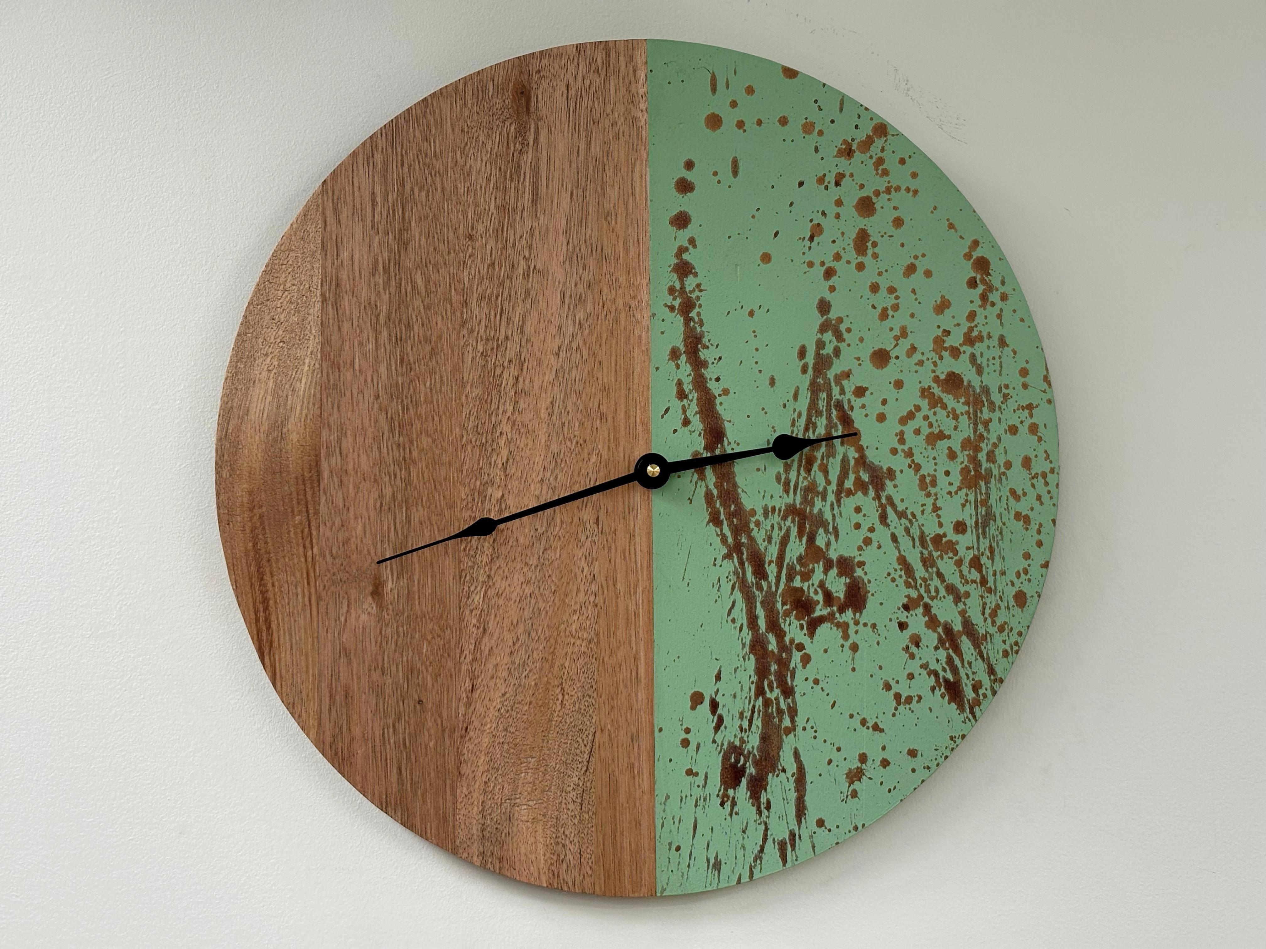 Verdant – Handmade Tasmanian Oak Wall Clock | Sage Green Splatter Design, Silent Movement | 30cm or 40cm