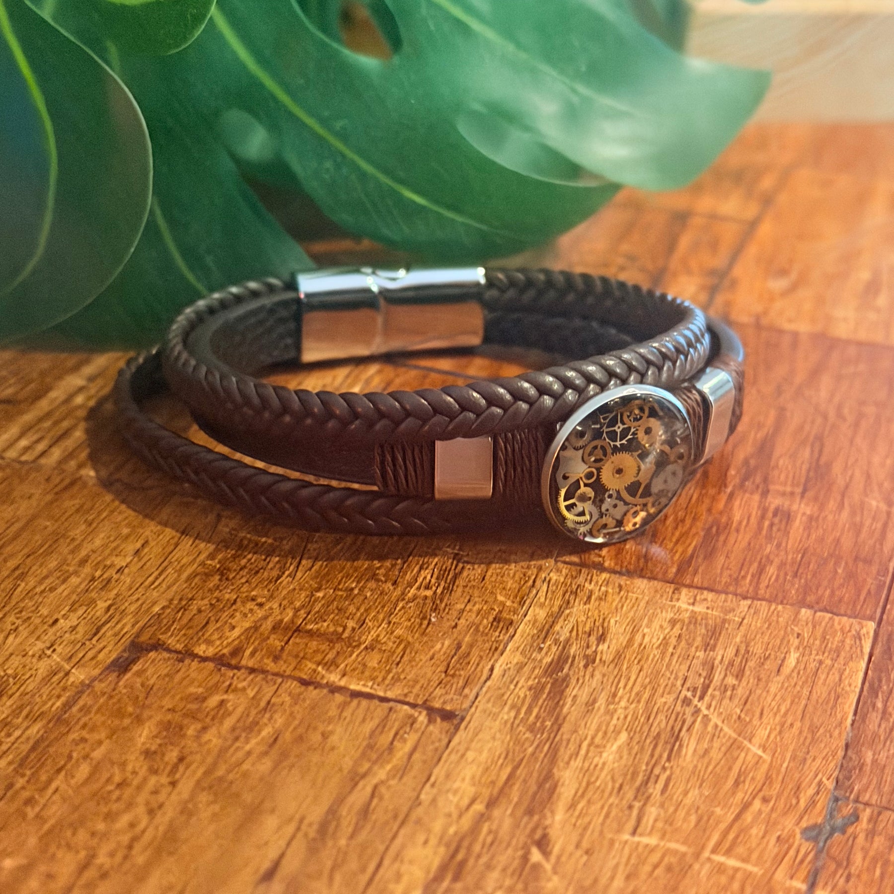 Steampunk watch parts cuff/bracelet brown leather