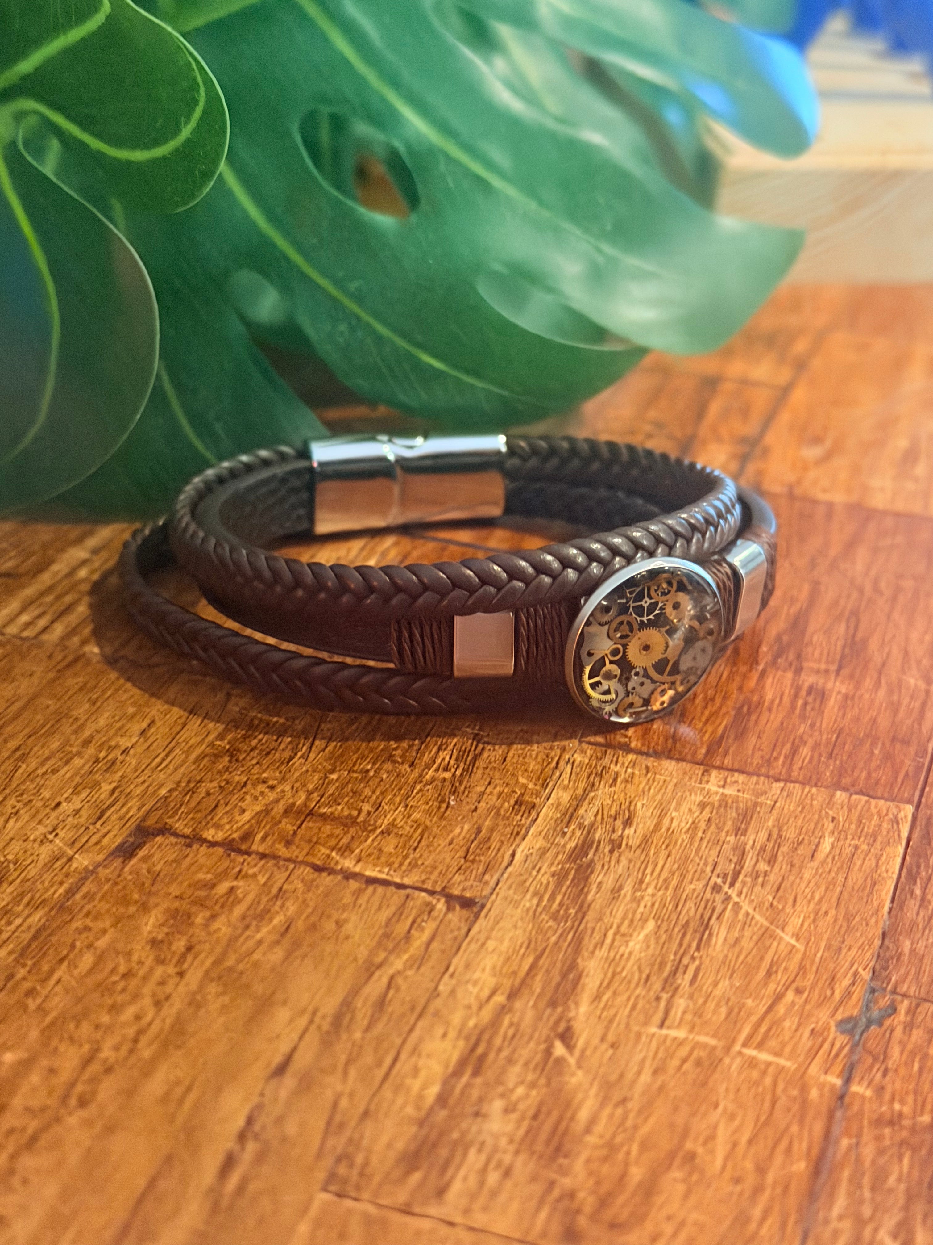 Steampunk watch parts cuff/bracelet brown leather