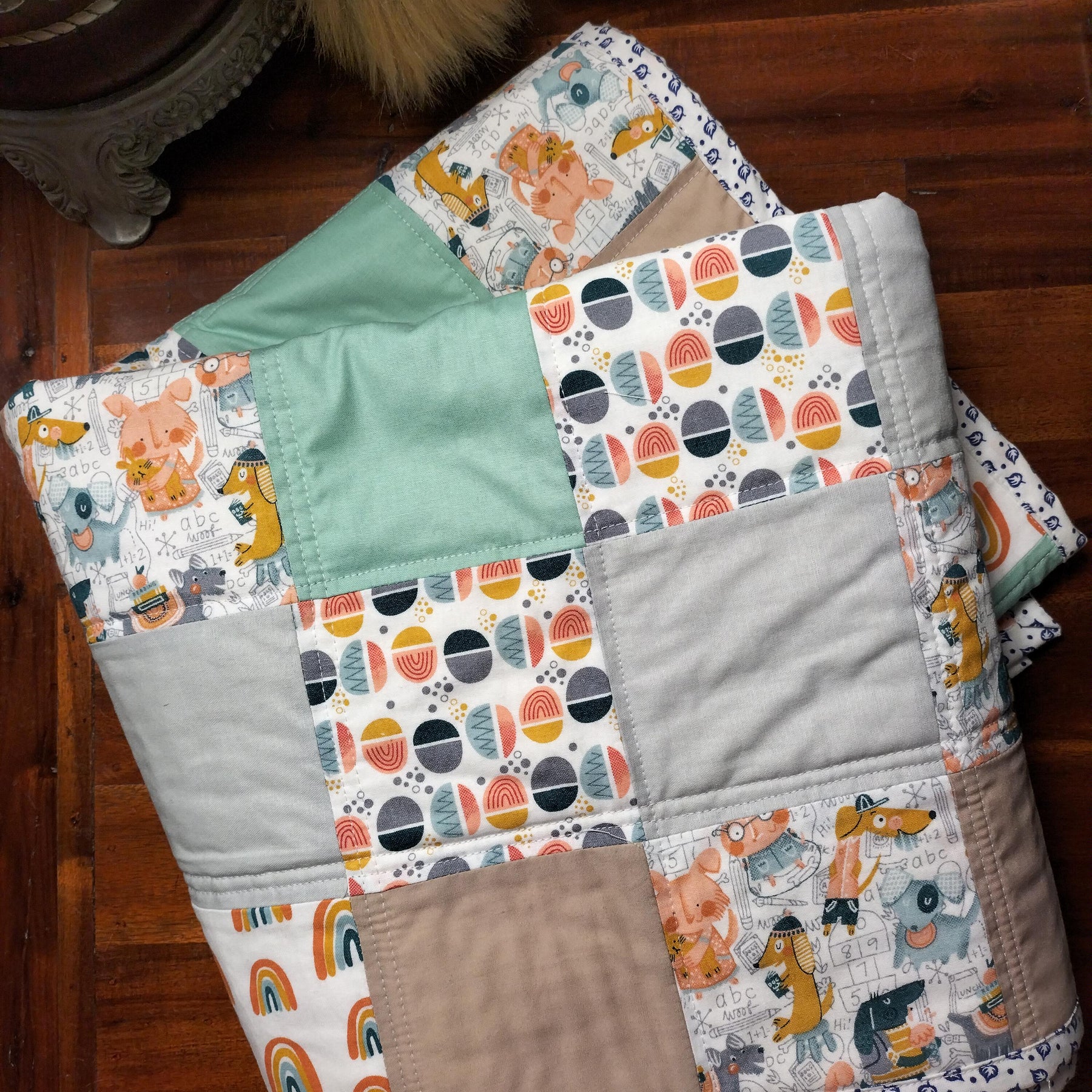Baby Quilt – Mint, Rainbows & Soft Neutrals