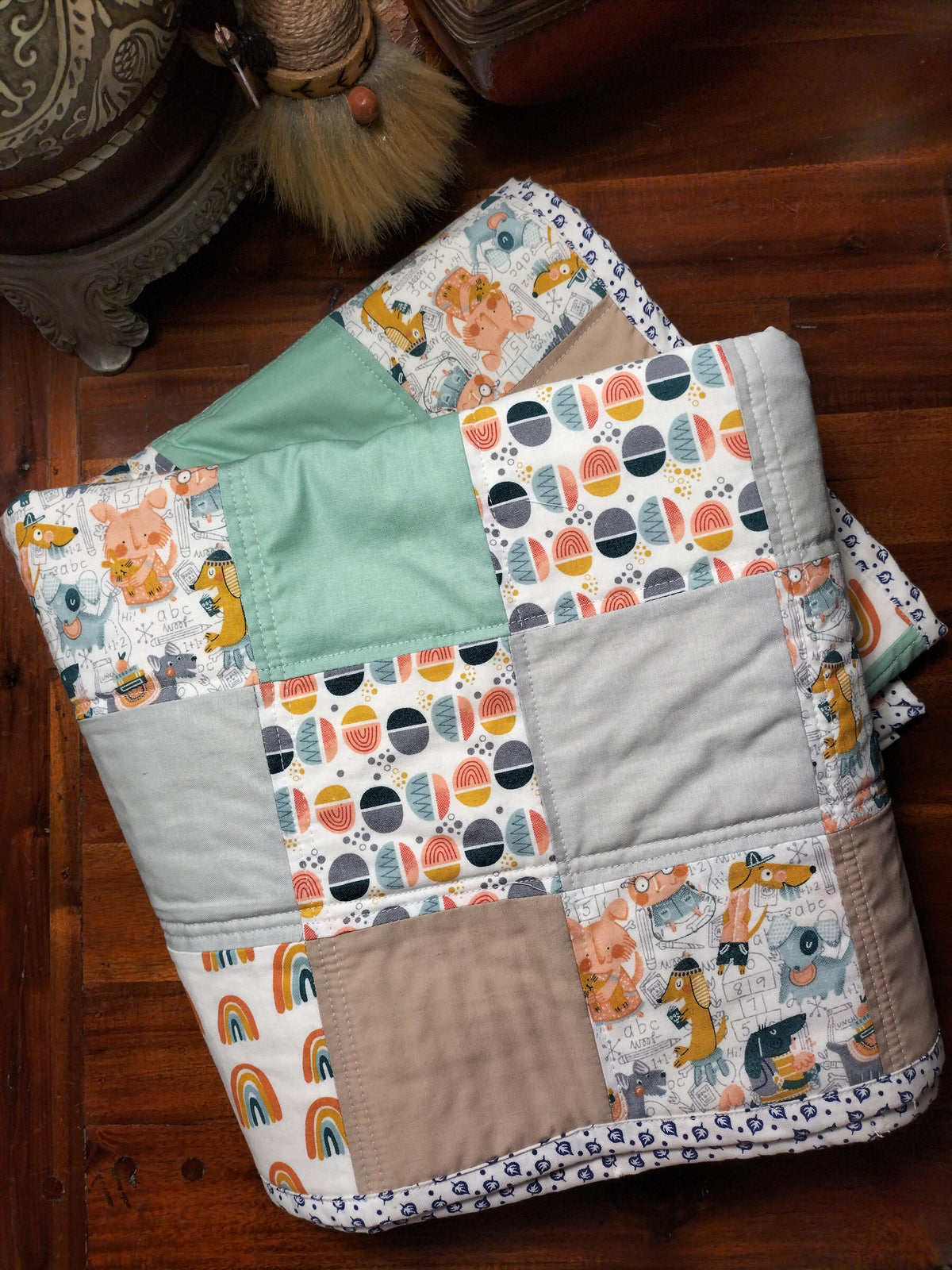 Baby Quilt – Mint, Rainbows & Soft Neutrals