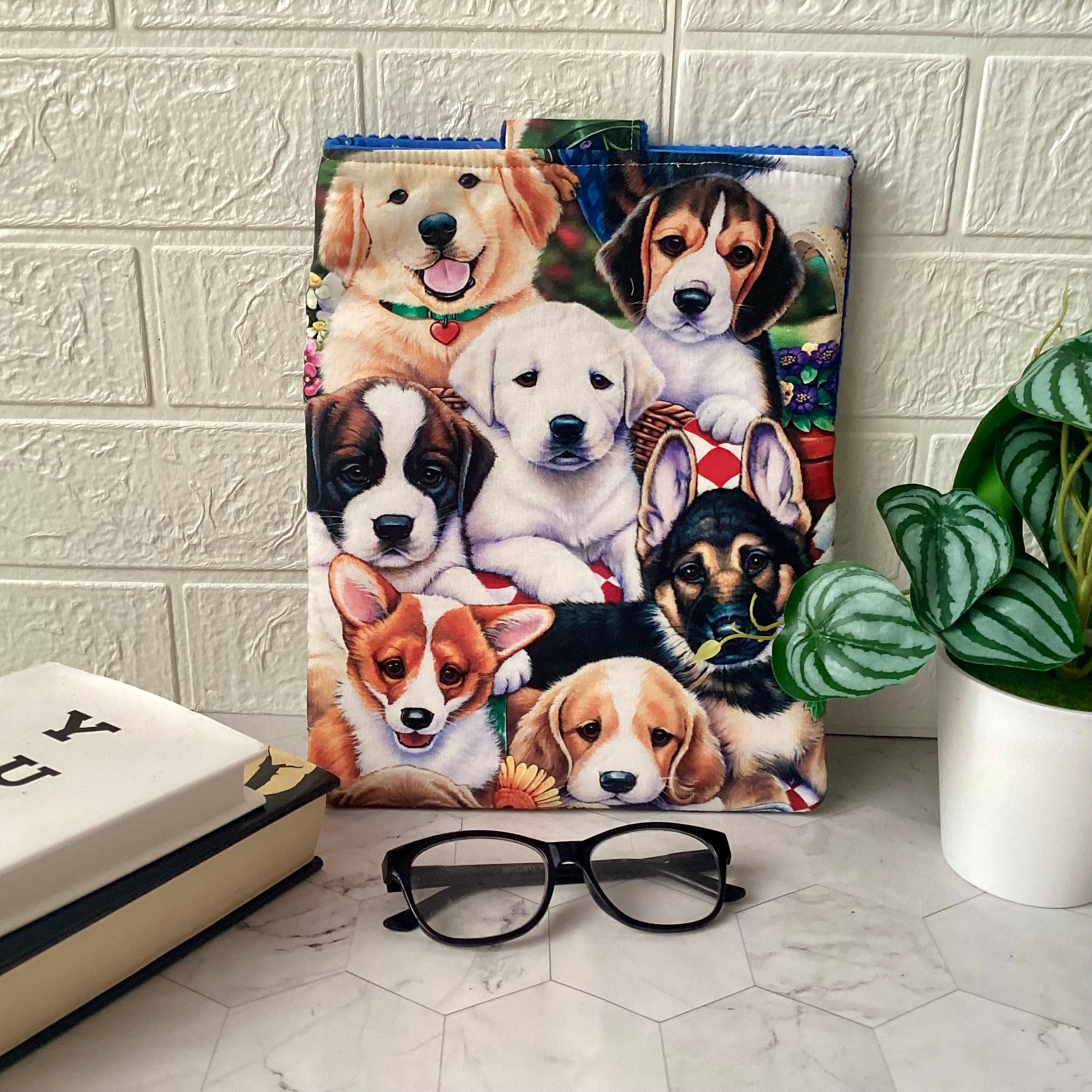 Puppy dogs fabric book sleeve with 2 pockets. iPad, tablet pouch