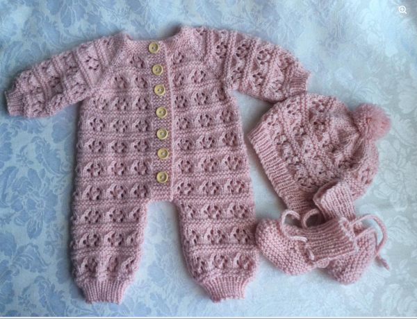 Hand knitted Spring Romper Set Newborn to 3 months