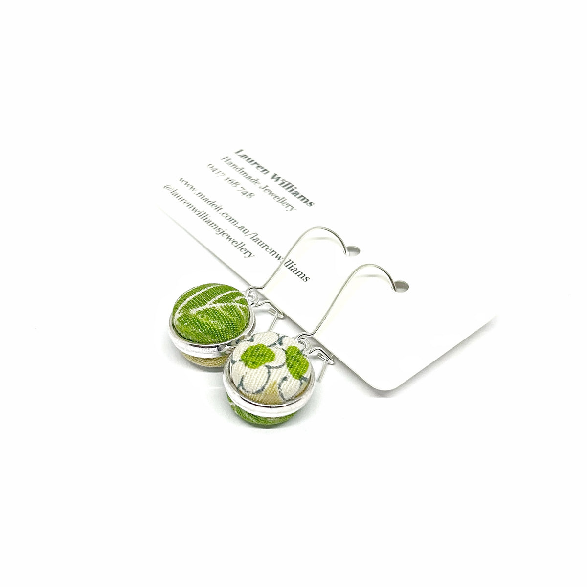Double Sided Fabric Button Earrings - Green Ume Leaf