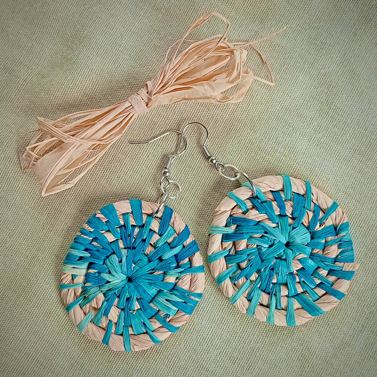 Woven Raffia Spiral Earrings, Various colours
