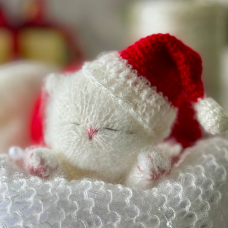 Handmade Christmas White Knitted Sleeping Kitty in Red Santa Hat Toy