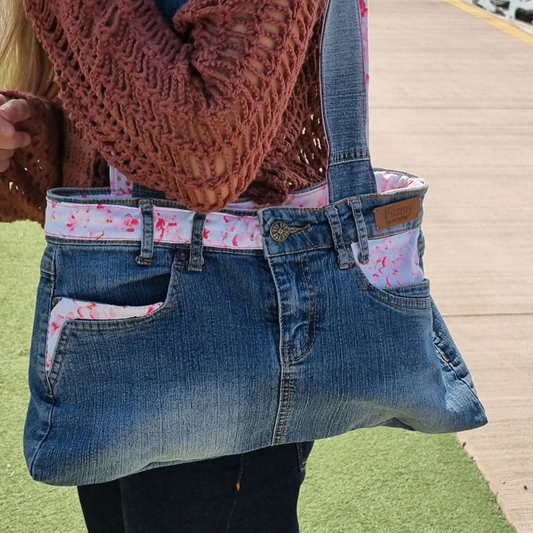 Denim handbag with Cherry Blossom details