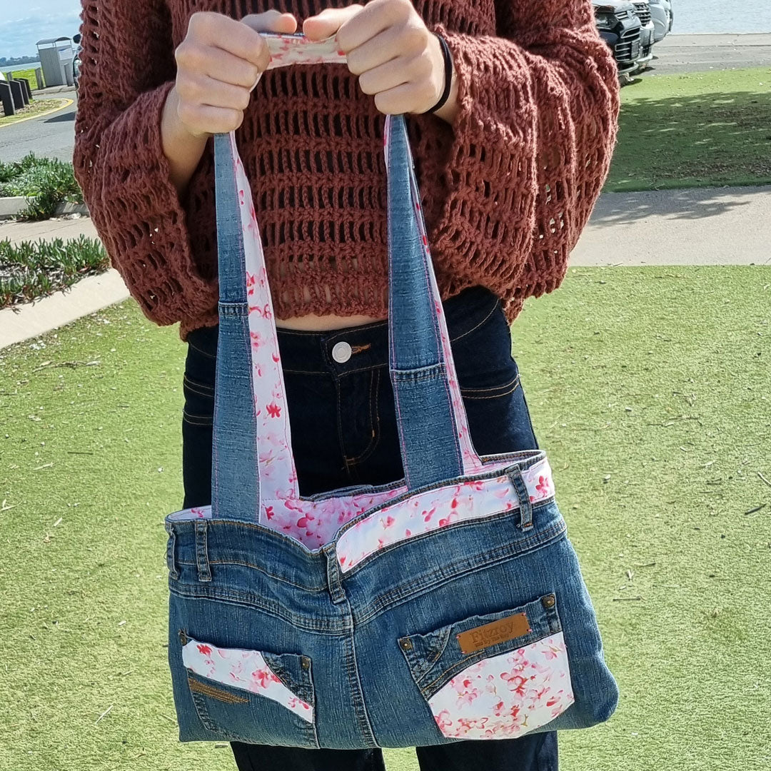 Denim handbag with Cherry Blossom details