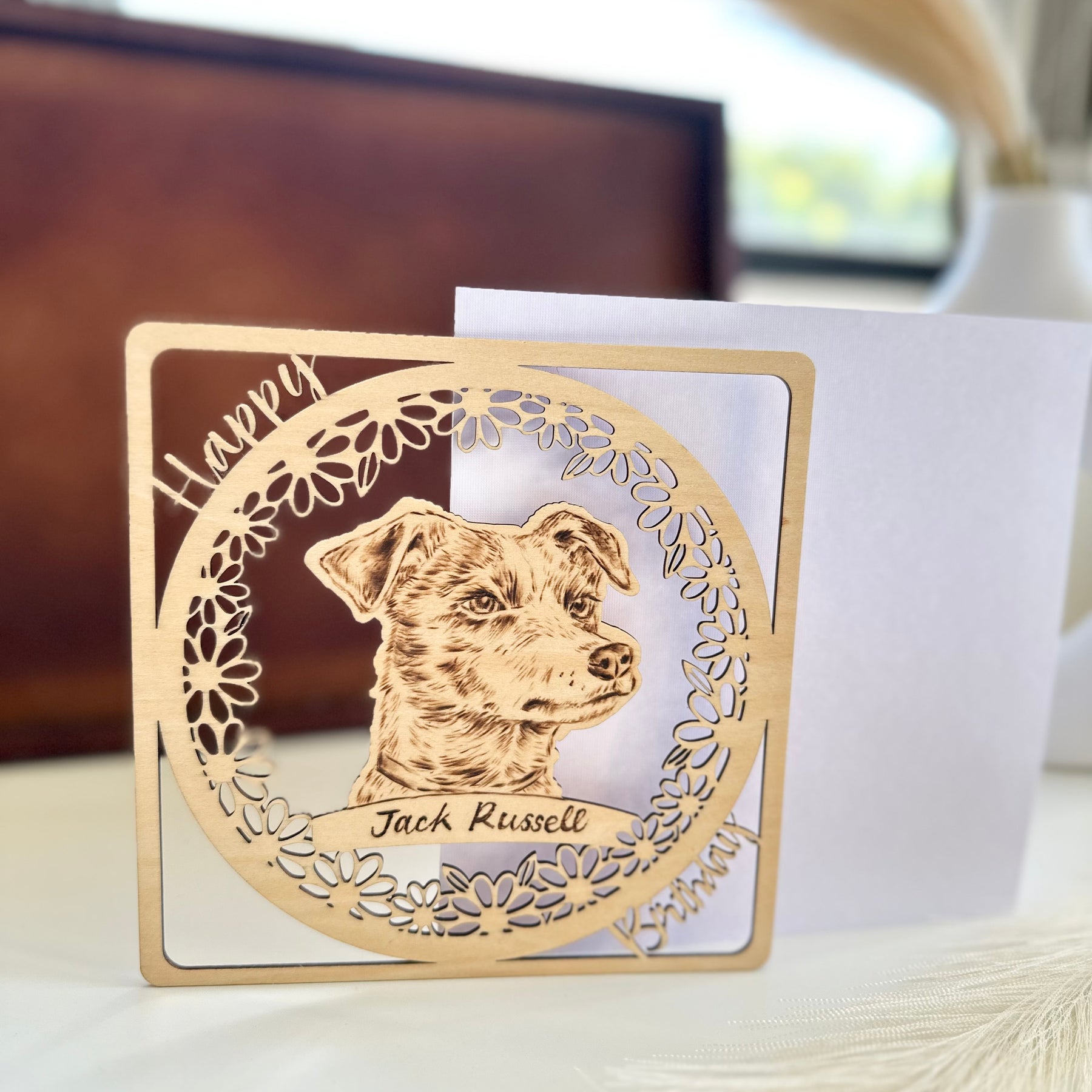 Custom Woodburning Pet Portrait Birthday Card – Personalized Wooden Greeting Card