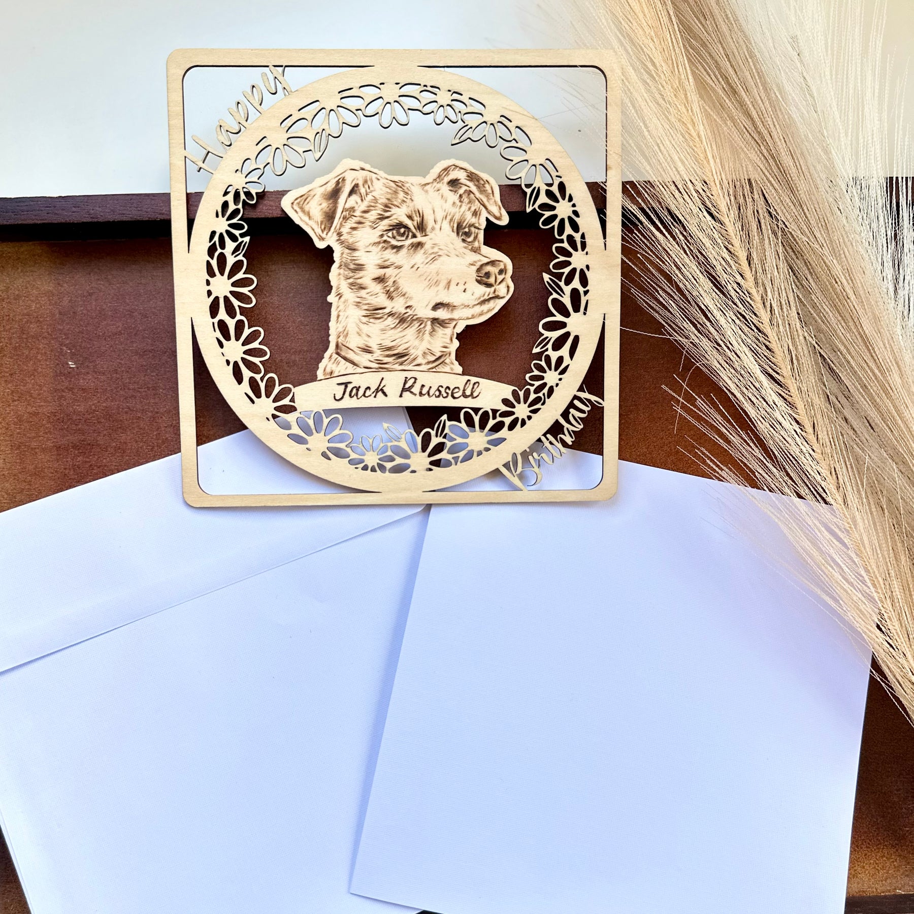 Custom Woodburning Pet Portrait Birthday Card – Personalized Wooden Greeting Card