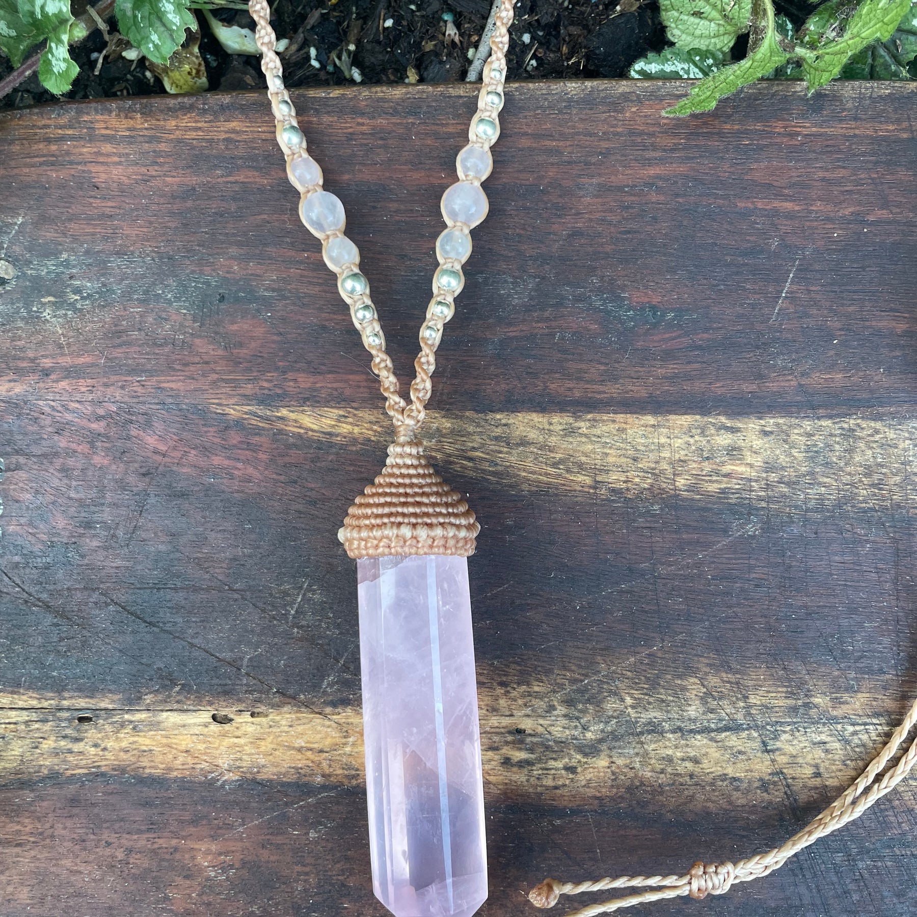 Rose quartz Pendant, double pointed crystal, Macrame necklace,