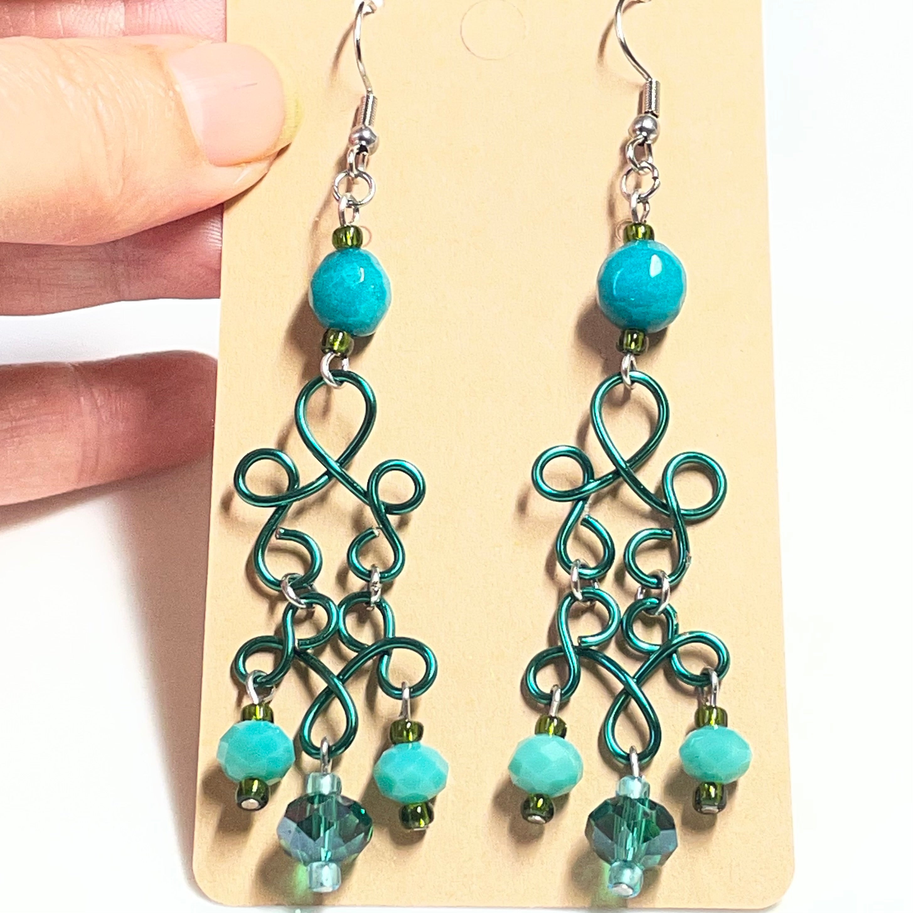 B's Sea Breeze Green n Blue Wired Dangling Gemstone Earrings