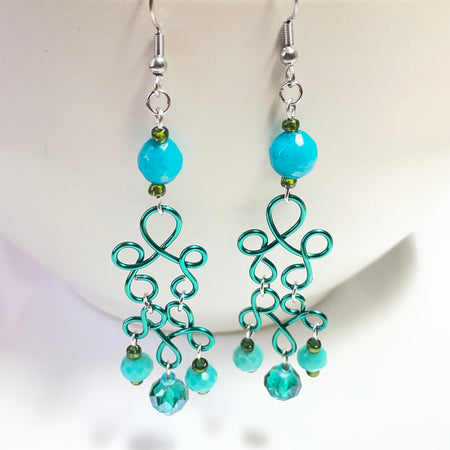 B's Sea Breeze Green n Blue Wired Dangling Gemstone Earrings