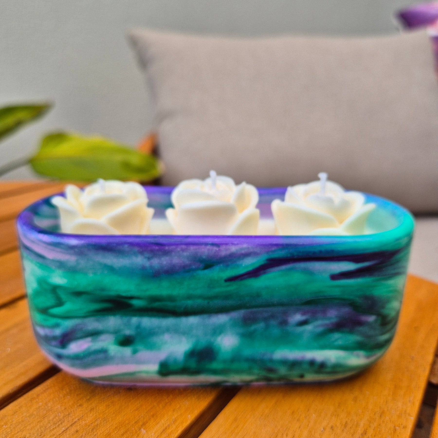 Green and purple concrete bowl candle with gardenia and roses