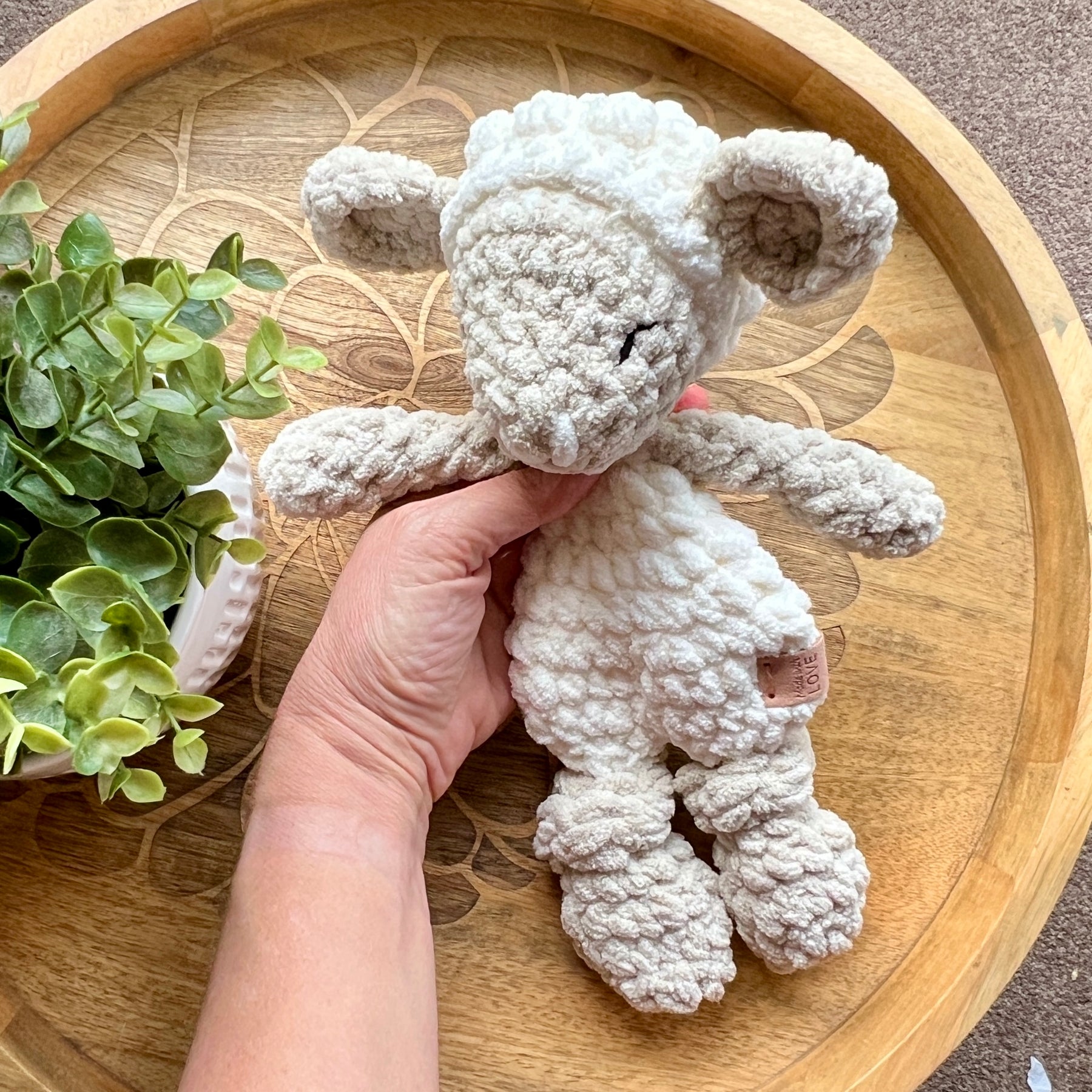 Handmade crochet Mini lamb sheep modern lovey with knotted legs.