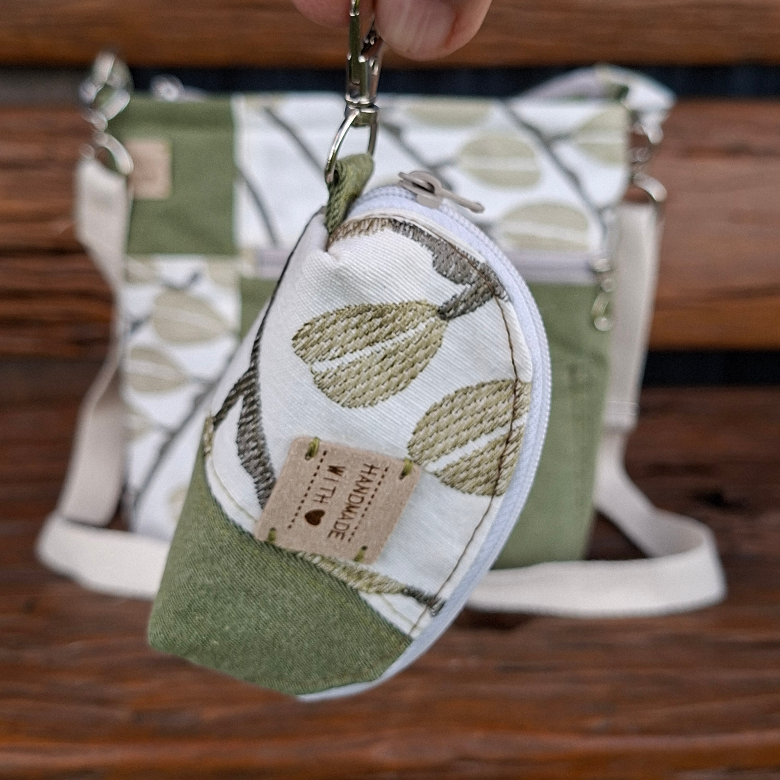 Upcycled Sage Green and Linen Blend Unisex Crossbody Bag & Matching Tiny Pouch