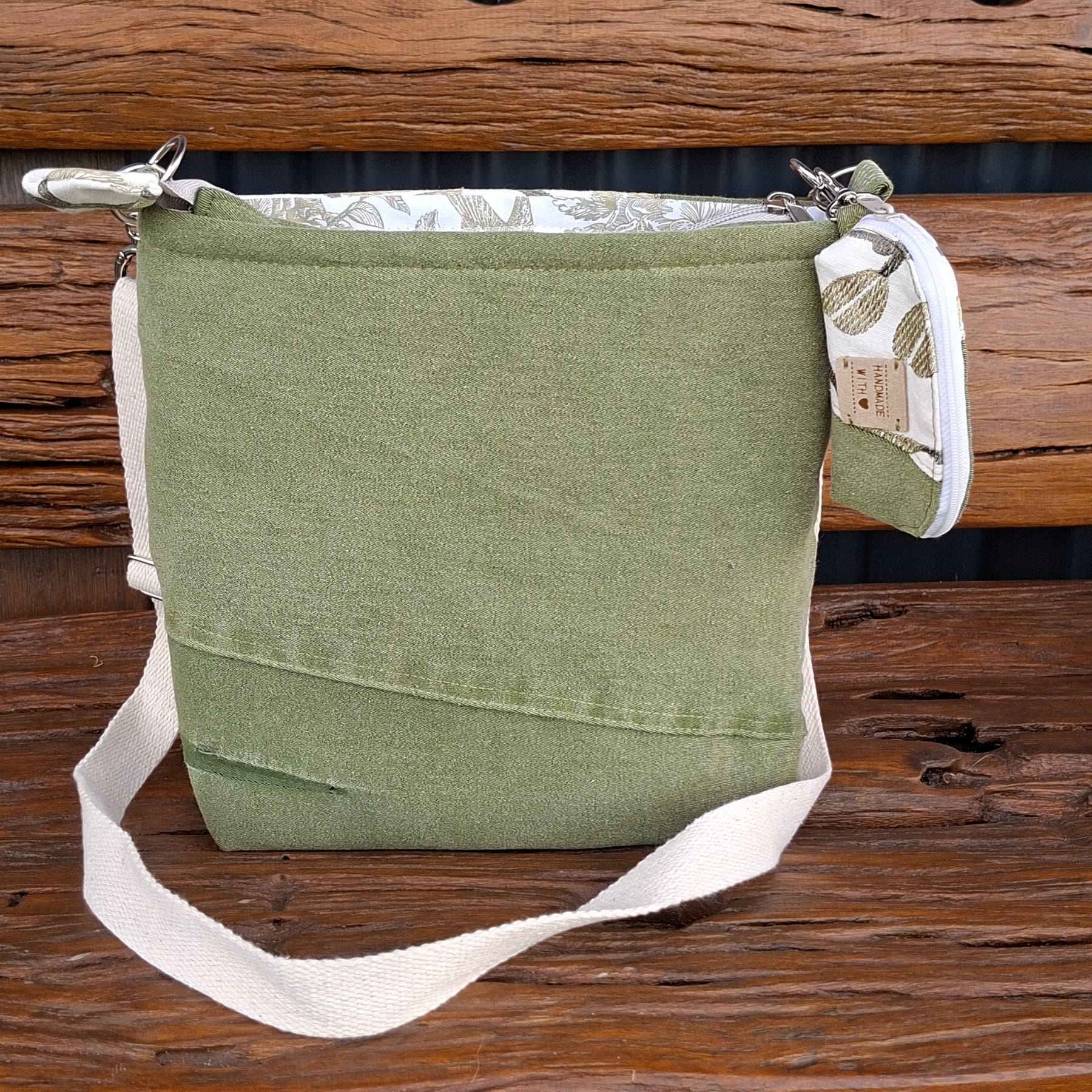 Upcycled Sage Green and Linen Blend Unisex Crossbody Bag & Matching Tiny Pouch