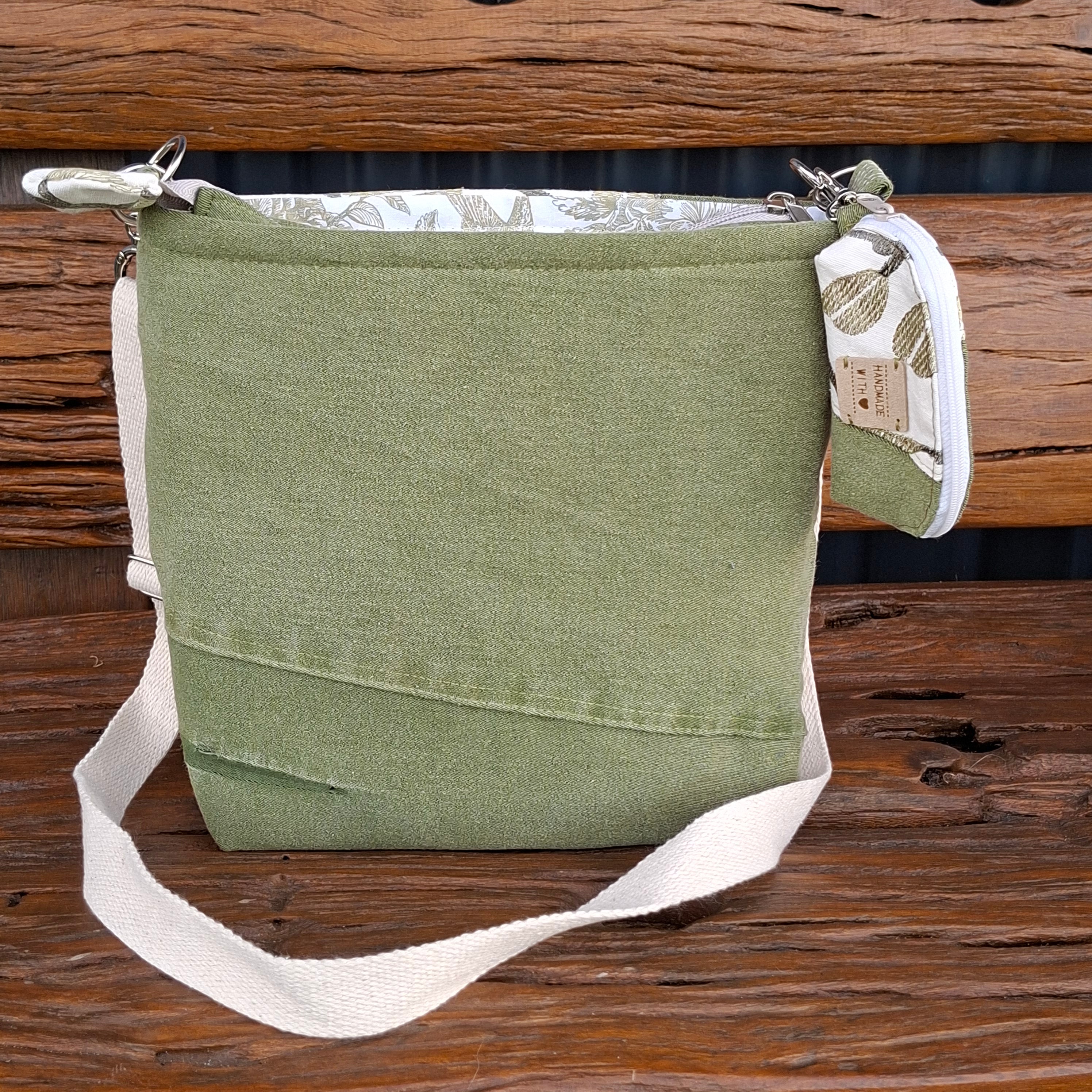 Upcycled Sage Green and Linen Blend Unisex Crossbody Bag & Matching Tiny Pouch