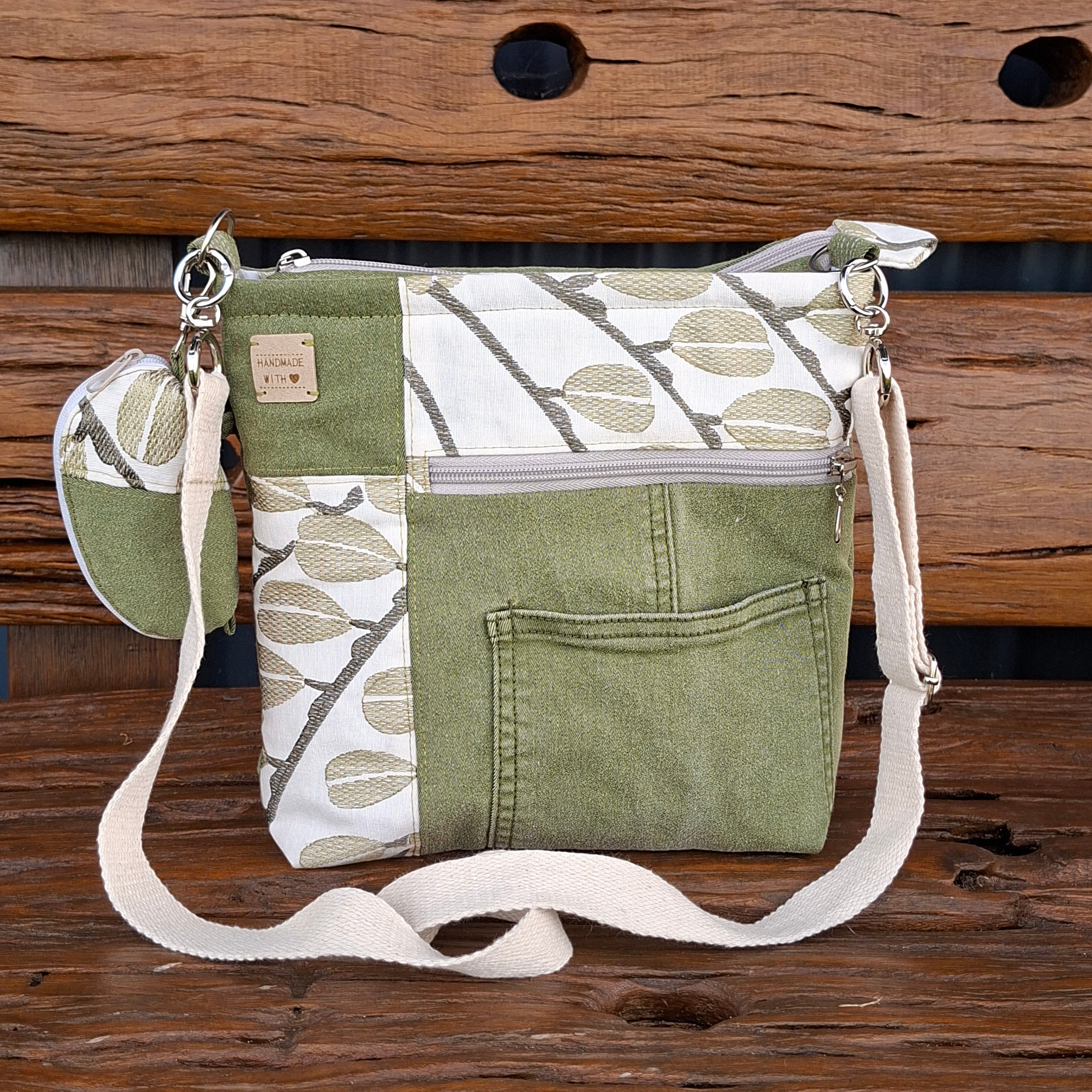Upcycled Sage Green and Linen Blend Unisex Crossbody Bag & Matching Tiny Pouch