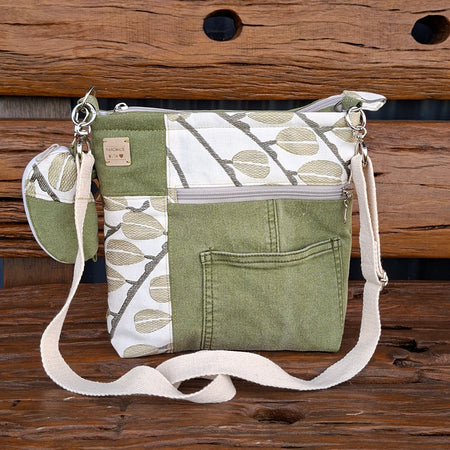 Upcycled Sage Green and Linen Blend Unisex Crossbody Bag & Matching Tiny Pouch