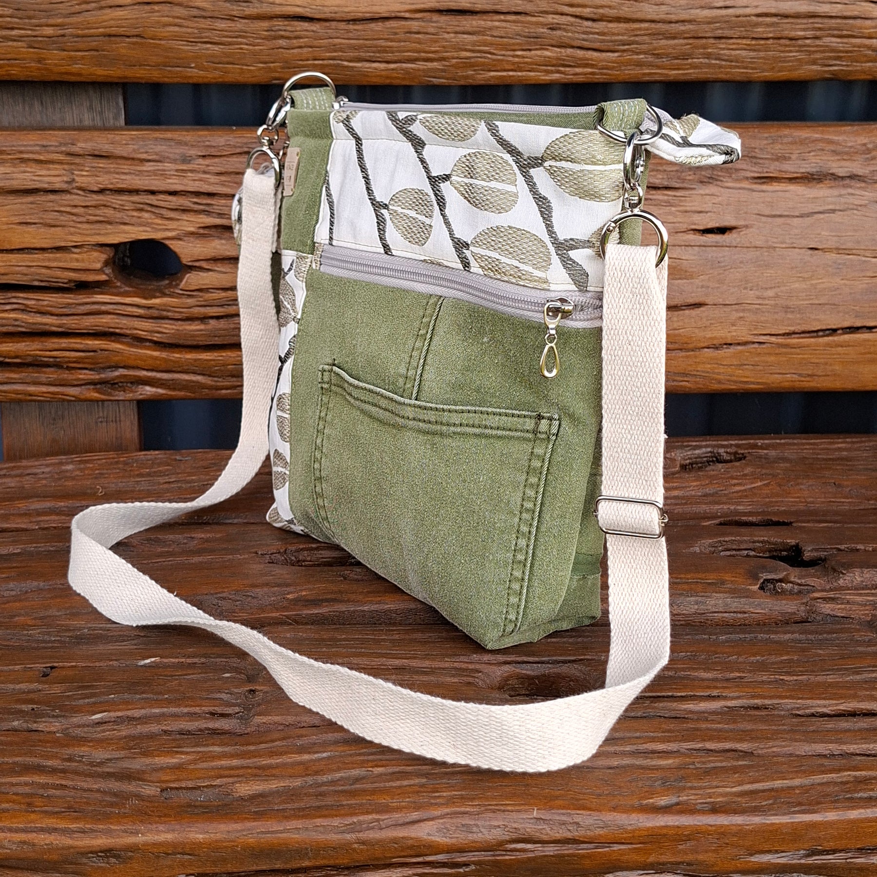 Upcycled Sage Green and Linen Blend Unisex Crossbody Bag & Matching Tiny Pouch