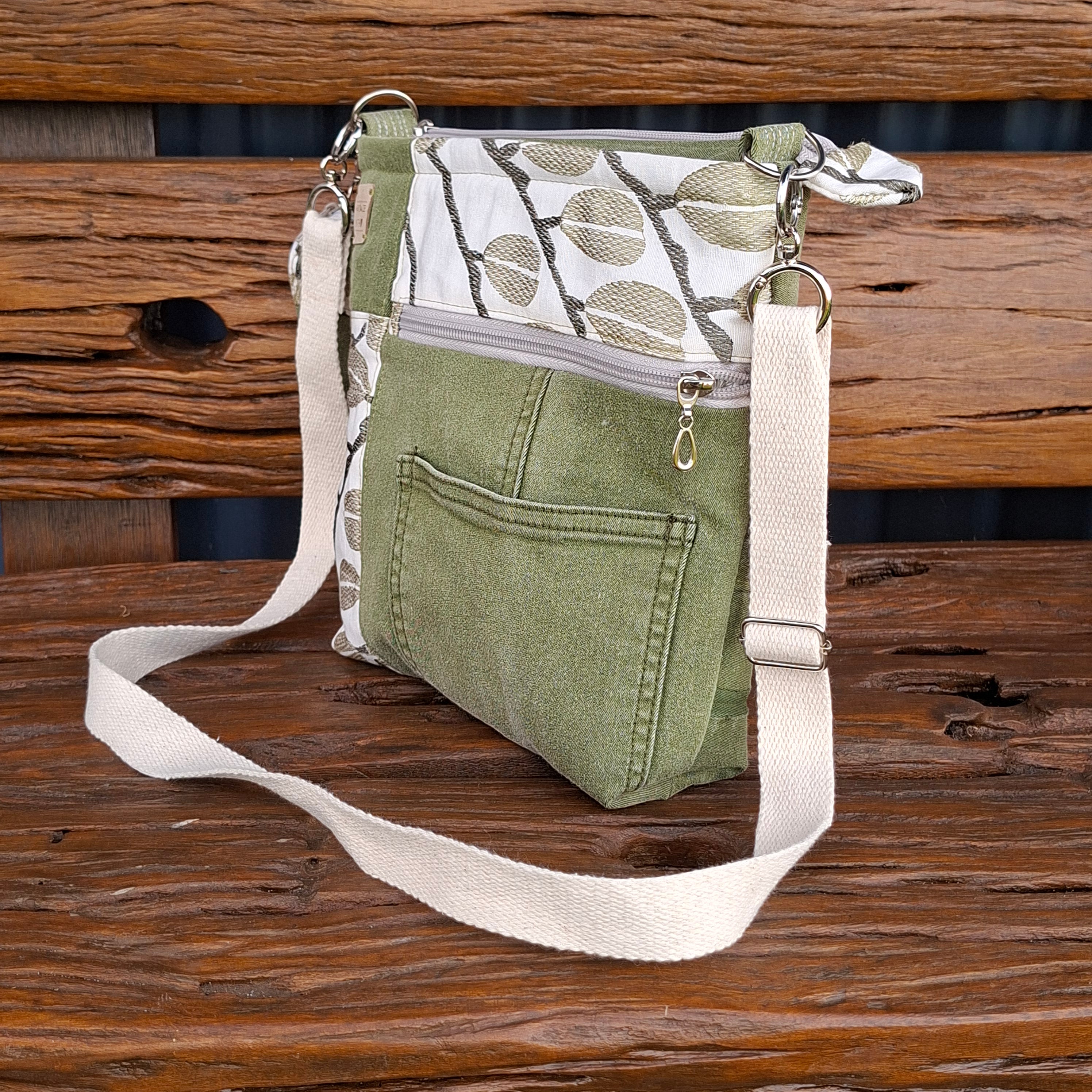 Upcycled Sage Green and Linen Blend Unisex Crossbody Bag & Matching Tiny Pouch