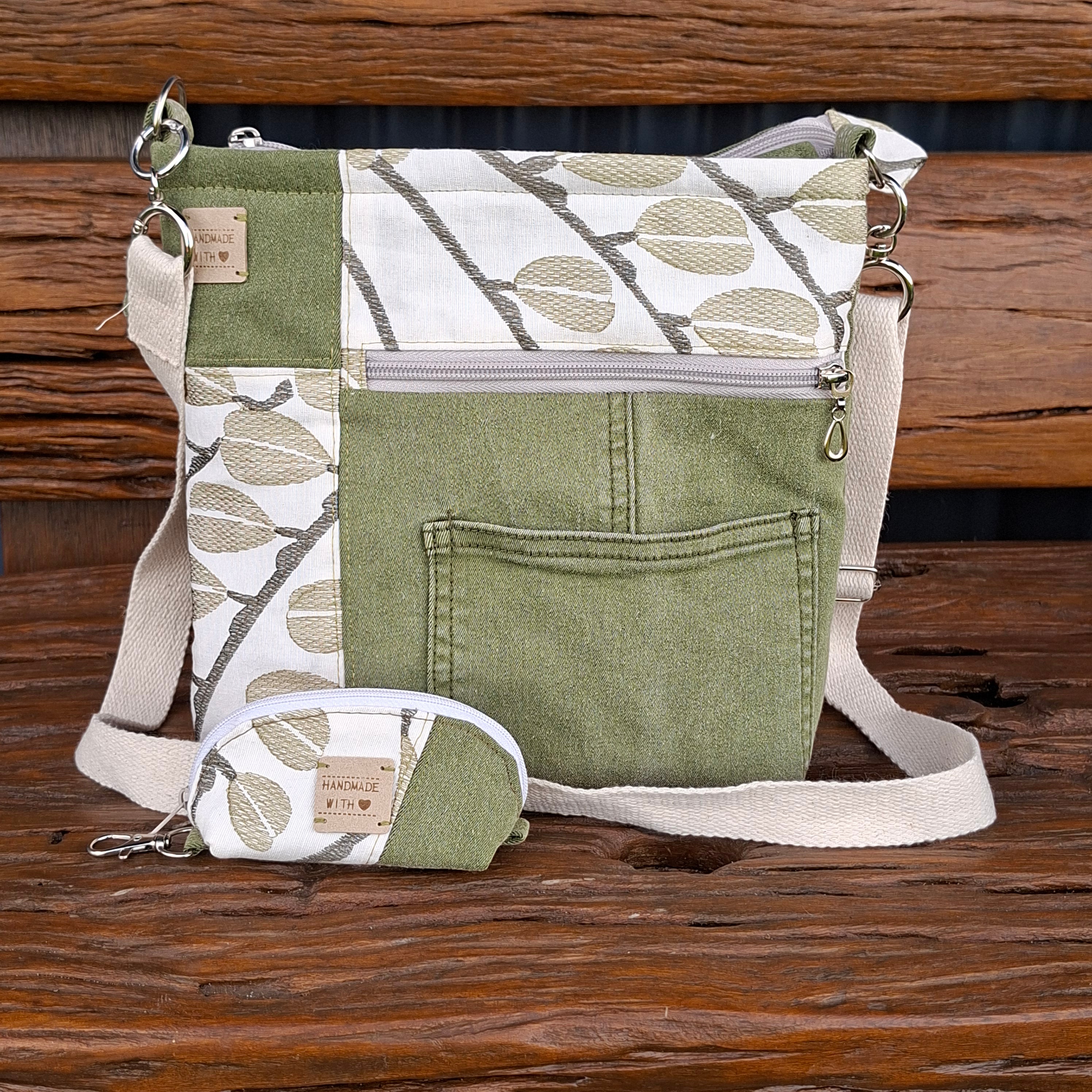Upcycled Sage Green and Linen Blend Unisex Crossbody Bag & Matching Tiny Pouch