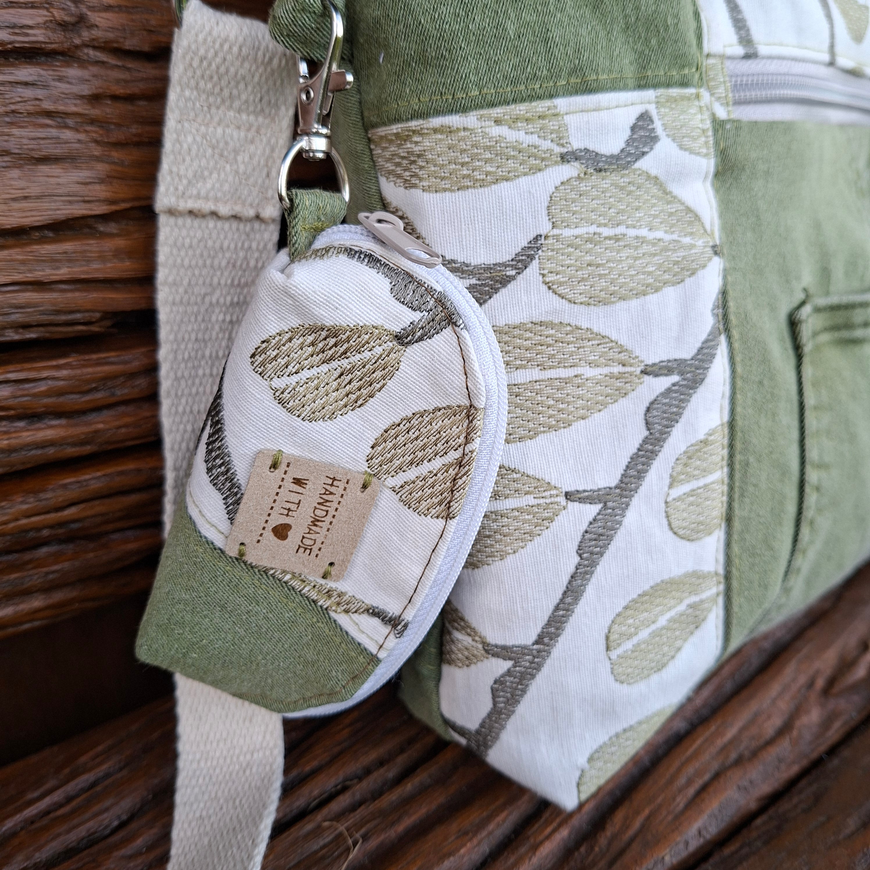 Upcycled Sage Green and Linen Blend Unisex Crossbody Bag & Matching Tiny Pouch