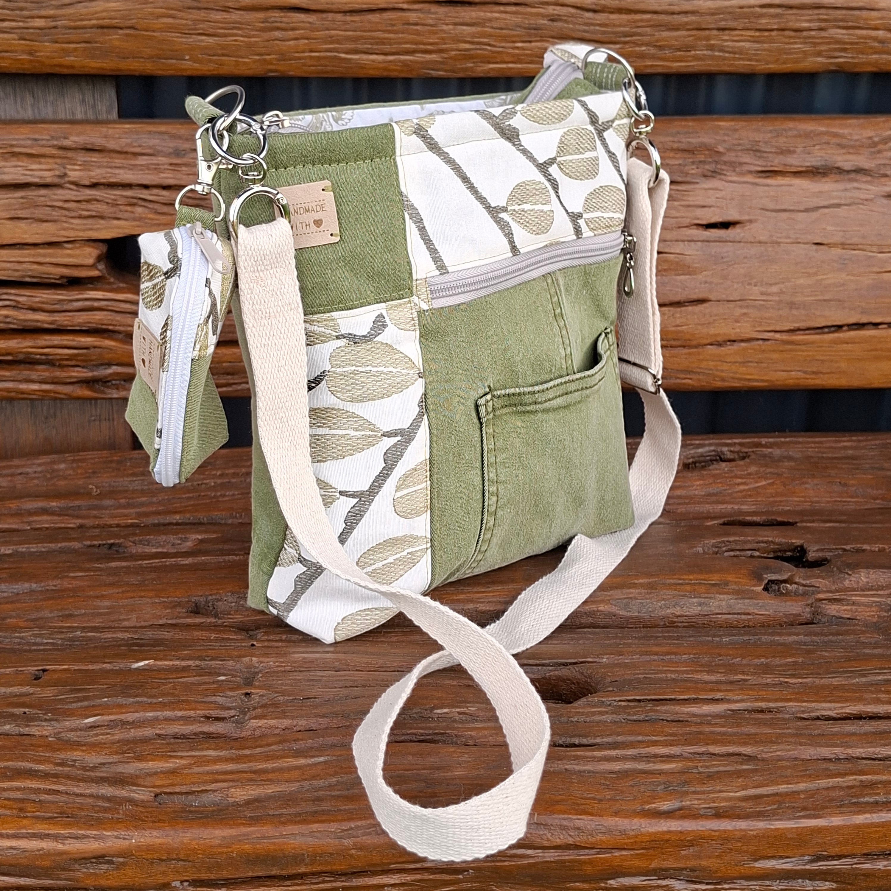 Upcycled Sage Green and Linen Blend Unisex Crossbody Bag & Matching Tiny Pouch