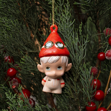 Handmade Porcelain Christmas ornament. One-of-a-kind. Zac, the sleigh mechanic Elf.