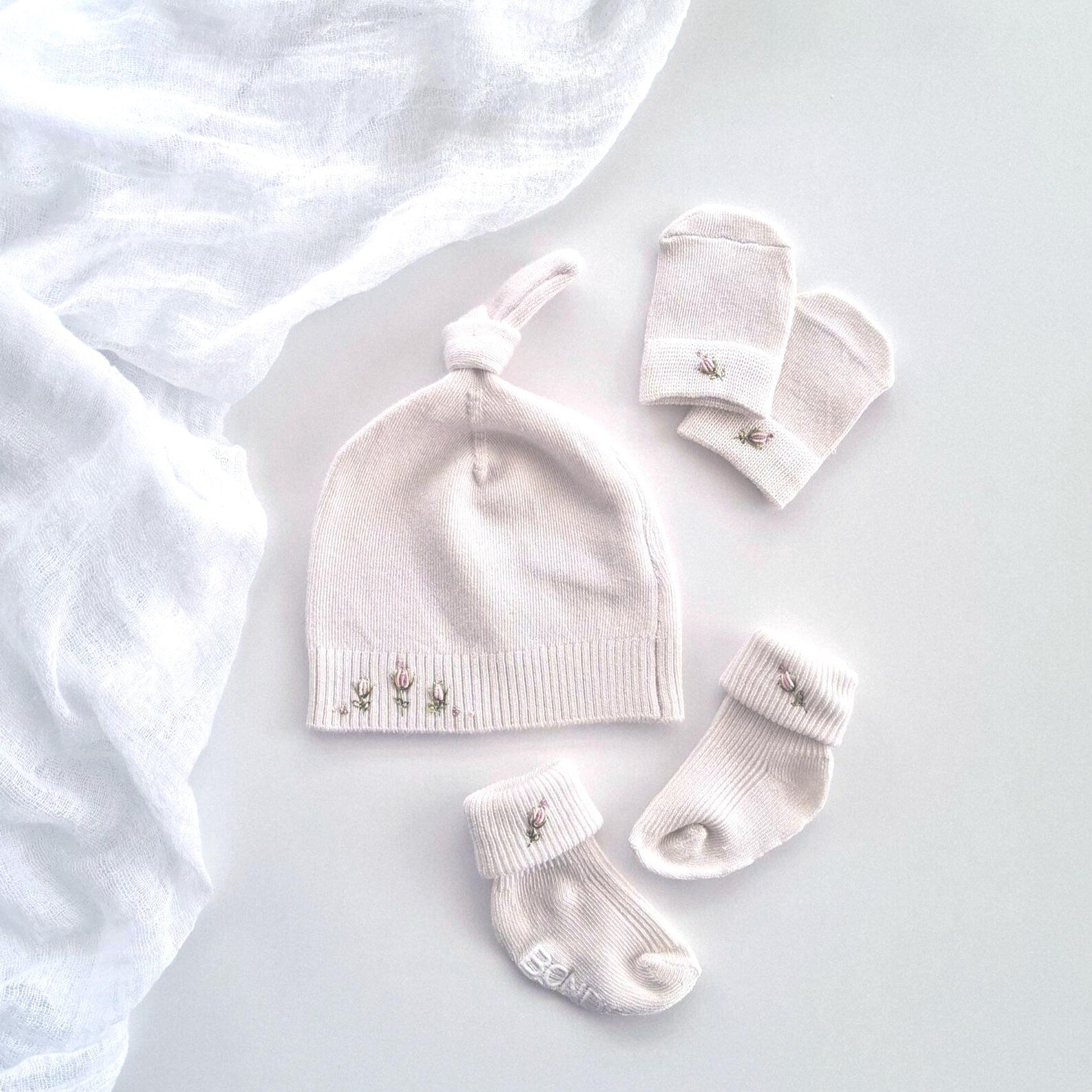 Baby Girl Beanie, Socks, Mittens Set, Hand Embroidered, Soft Knit Newborn Winter Essentials