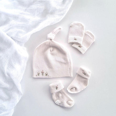 Baby Girl Beanie, Socks, Mittens Set, Hand Embroidered, Soft Knit Newborn Winter Essentials