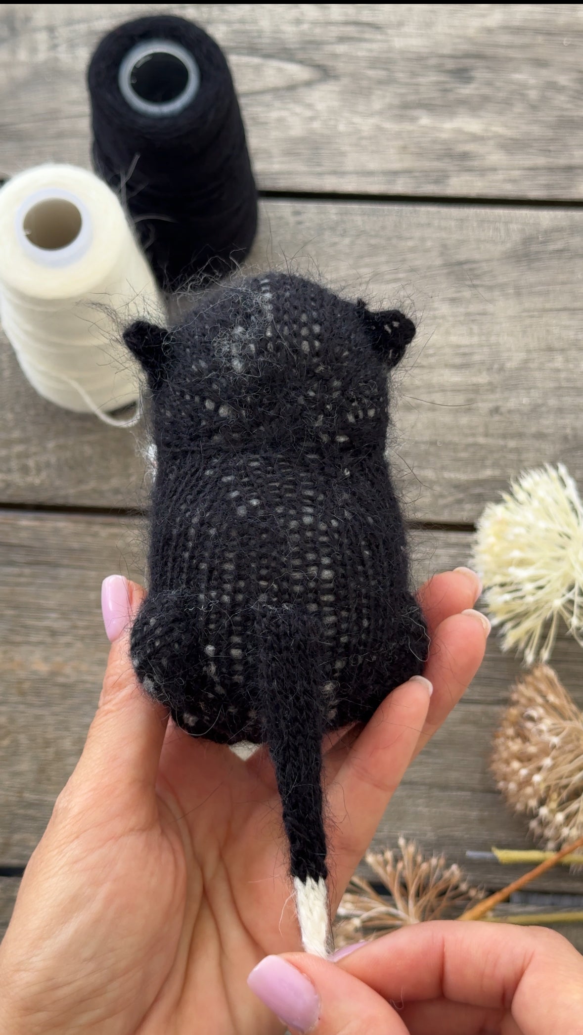 Black and White Knitted Sleeping Kitten Toy