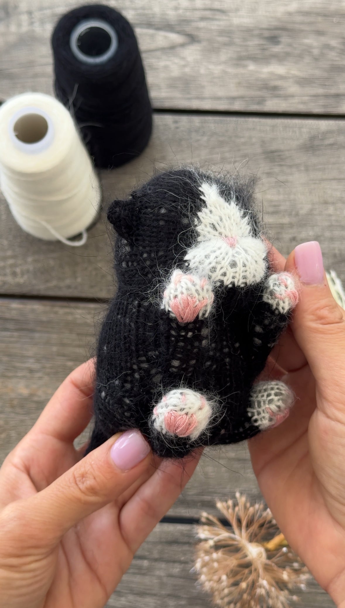 Black and White Knitted Sleeping Kitten Toy