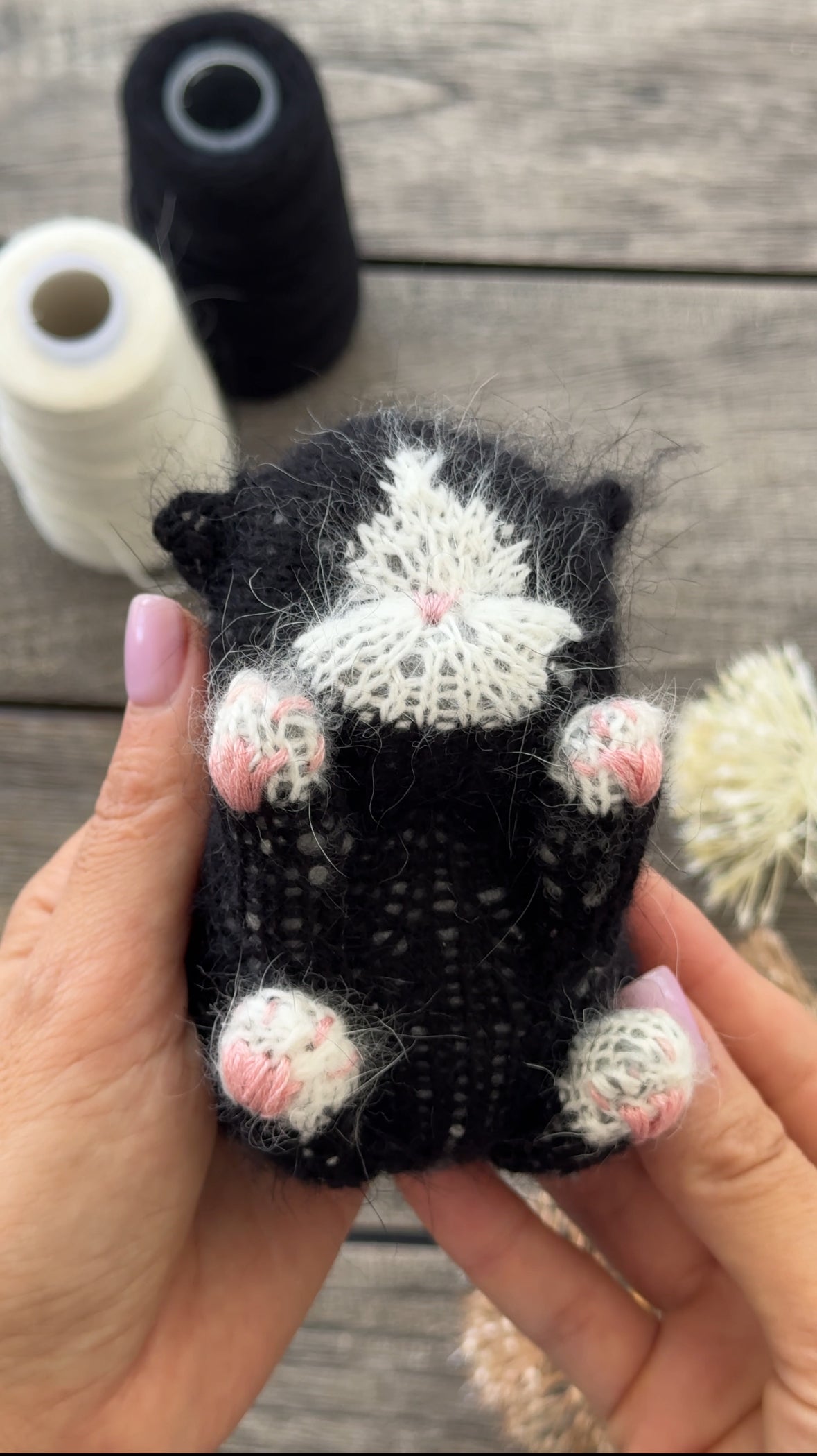 Black and White Knitted Sleeping Kitten Toy