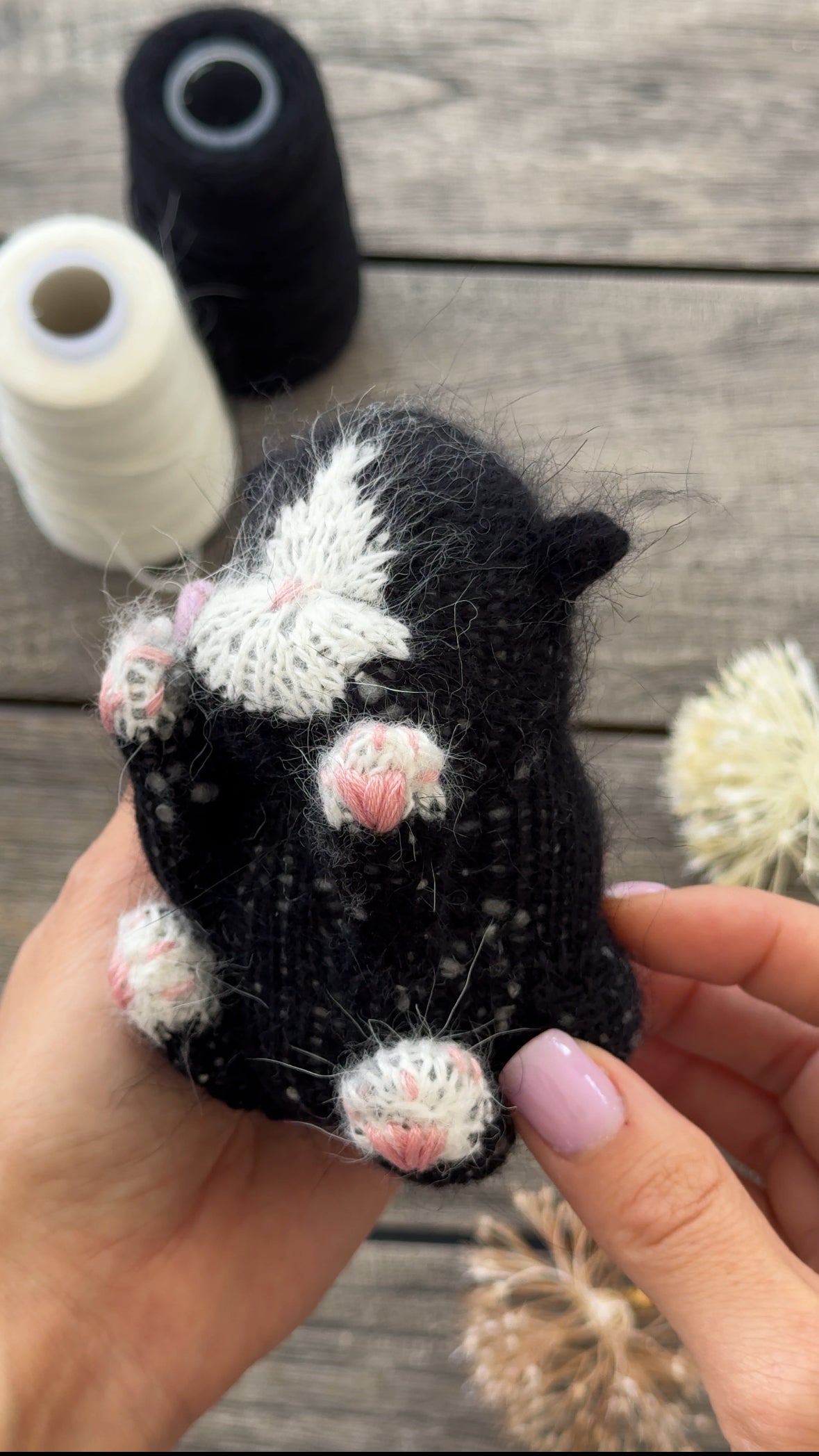 Black and White Knitted Sleeping Kitten Toy