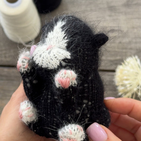 Black and White Knitted Sleeping Kitten Toy