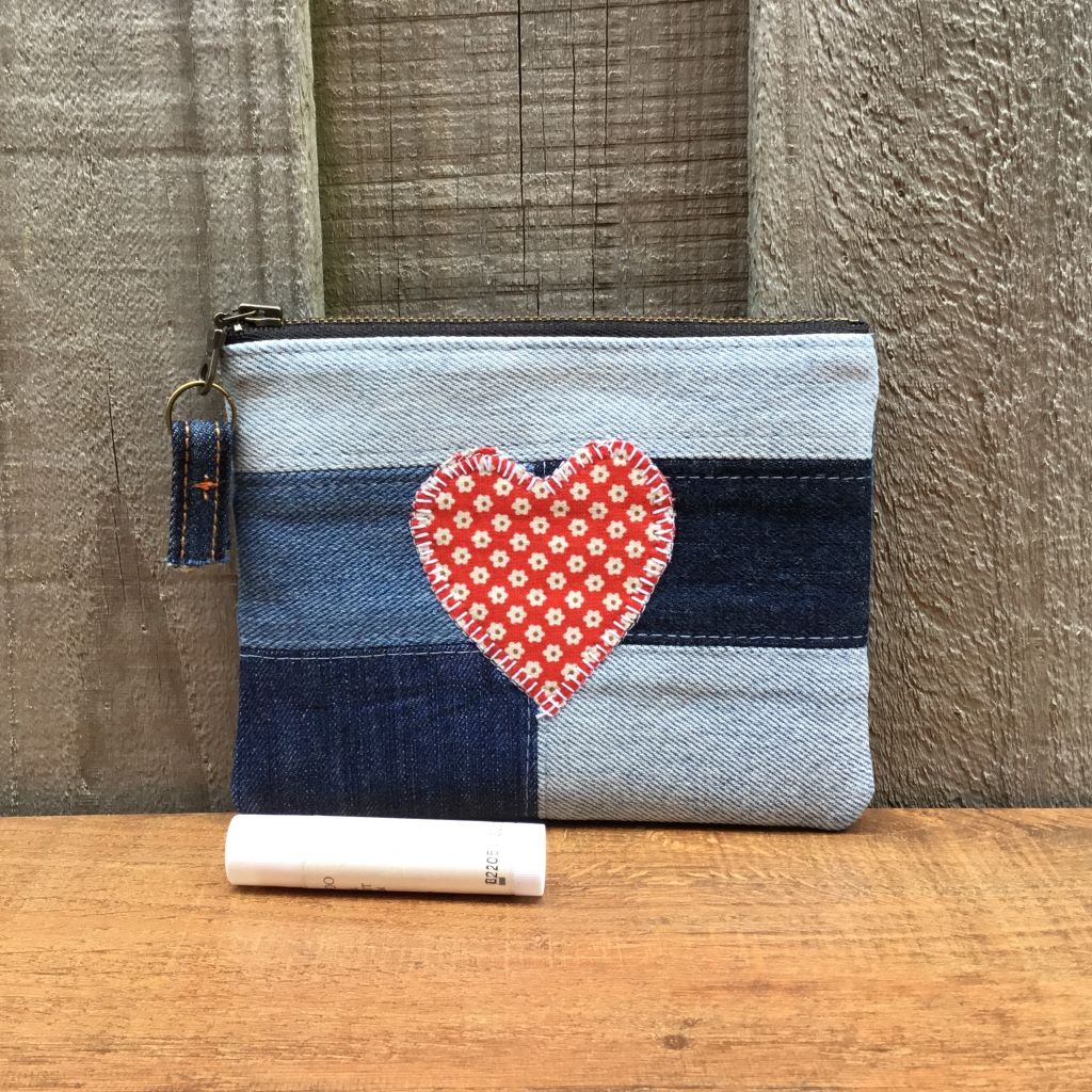Upcycled Denim Coin Purse - Red Floral Heart