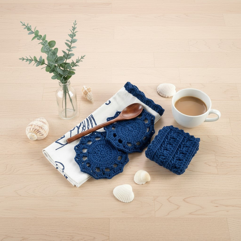 Coastal Kitchen Gift Set, Handmade Crochet Tea Towel & Coasters