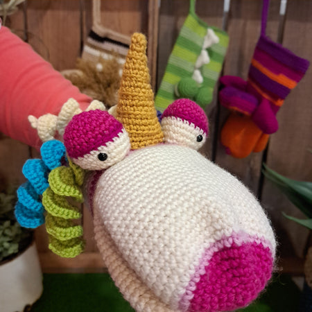 Handmade Crochet hand puppet multi colour unicorn Australian wool